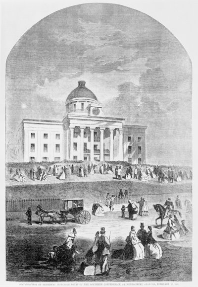 Inauguration of President Jefferson Davis of the Southern Confederacy, at Montgomery, Alabama, pub. by Harpers Weekly, February 18th 1861 by American School